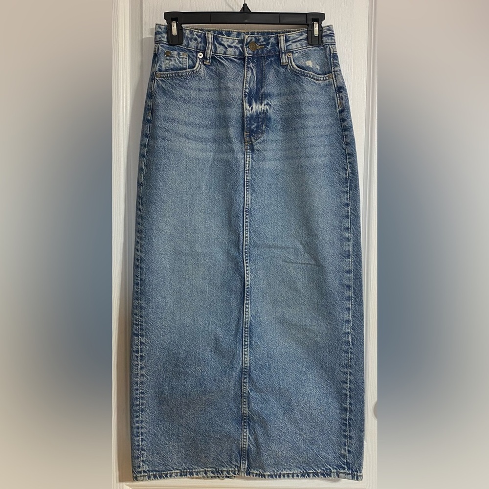 &Denim Midi Distressed Zippered Back Slit Hippie Boho Blue Jean Skirt Size XS